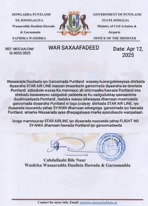 PUNTLAND oo Garoomadeeda kamamnuucday shirkada SATAR AIRLINE ee RW XAMSE uqaaday Laascaanood.
